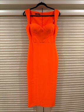 NWOT Alex Perry Vibrant Orange Sculpted Bust Midi Dress, Size US 6